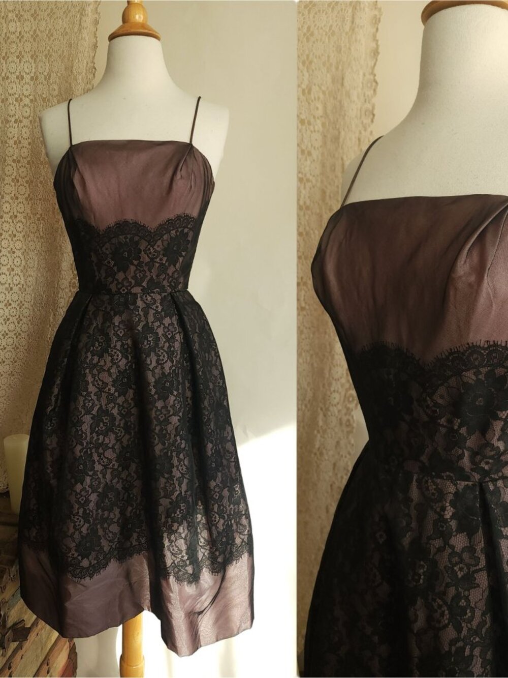 Vintage 1950s Dress, I Magnin Black and Pink Lace Fit and Flare, Extra Small